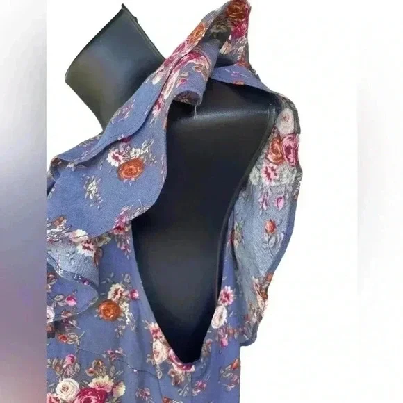 Double Zero women’s blue florar dress ruffle sleeves pearl buttons sz M pockets - Picture 2 of 9